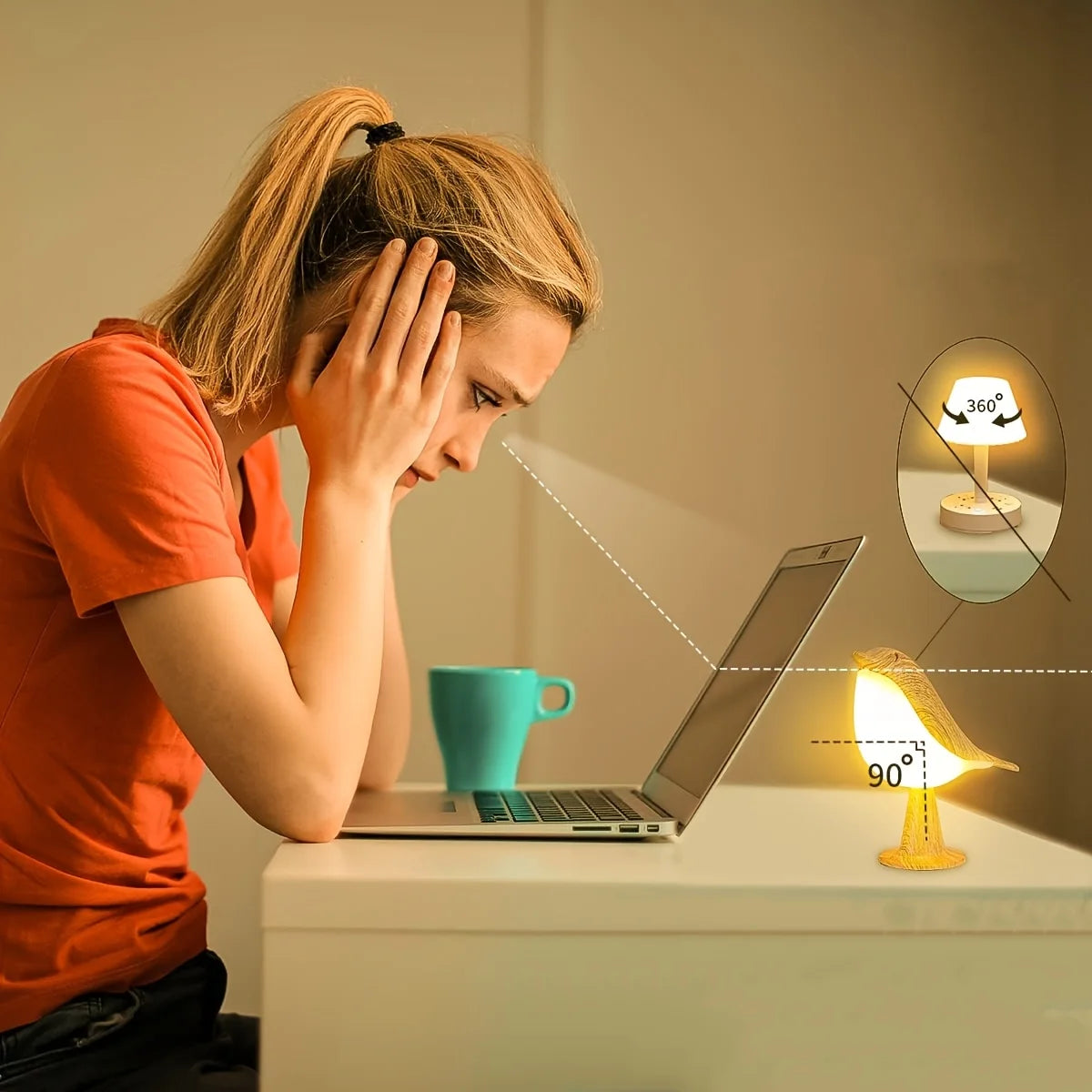 Woman using a laptop with a lamp projected onto the screen, showing different angles.