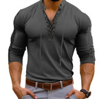 Lace-Up Pirate T-shirt Henley Collar Casual Men's Shirt