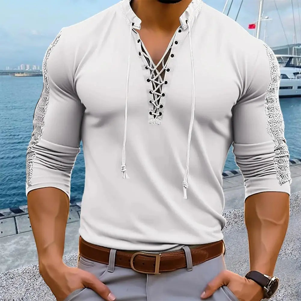 Lace-Up Pirate T-shirt Henley Collar Casual Men's Shirt