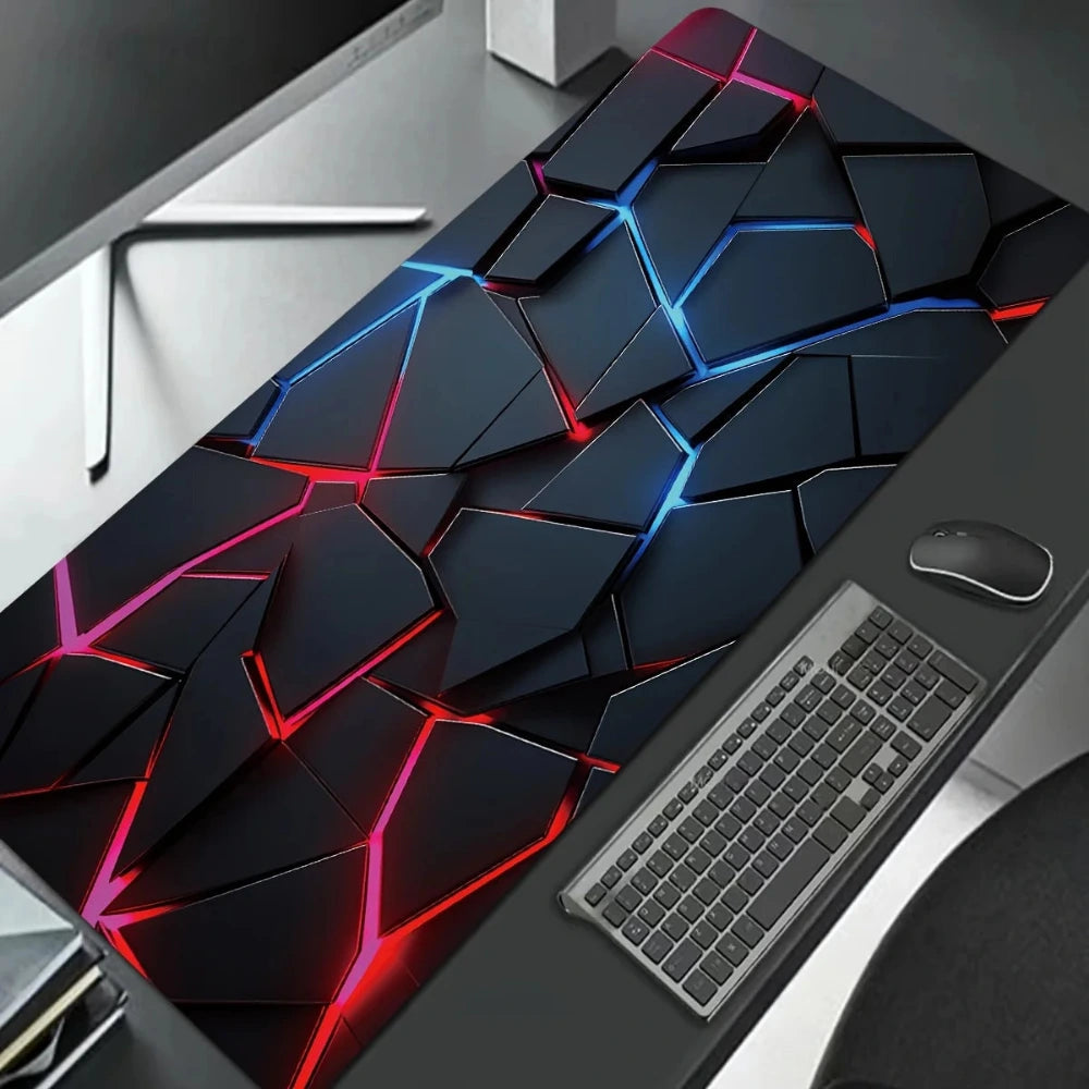 Gaming desk setup with a large geometric-patterned mouse pad, keyboard, and mouse.