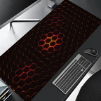 Large desk mat with hexagonal pattern on a desk with keyboard and mouse.