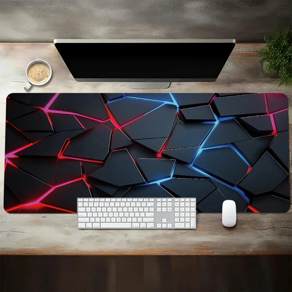 Desk setup with a large mouse pad featuring geometric design, keyboard, mouse, and coffee cup on a wooden desk.