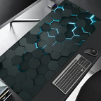 Desk setup with a hexagonal patterned desk pad, keyboard, and mouse.