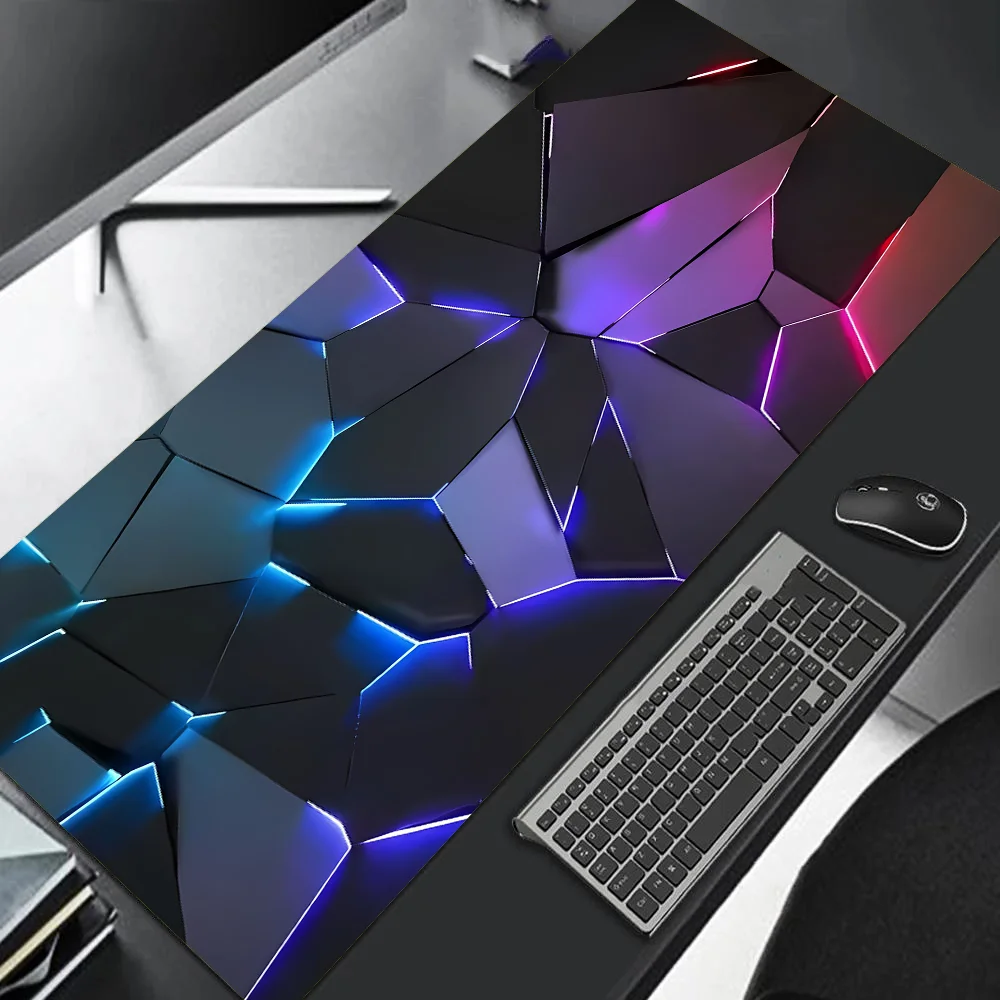 Geometric desk mat with colorful lighting on a desk setup