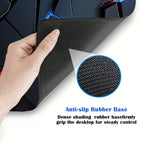 Hand holding a black mouse pad with an inset showing the anti-slip rubber base.