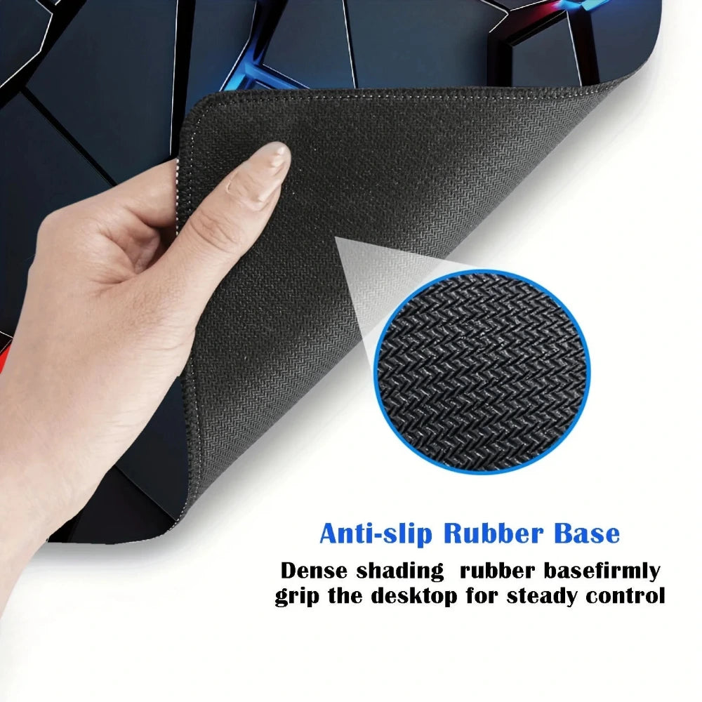 Hand holding a black mouse pad with an inset showing the anti-slip rubber base.
