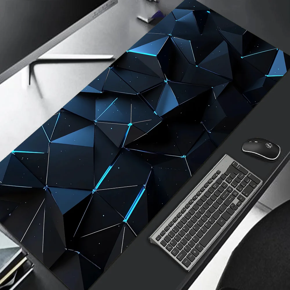 Geometric desk mat with a computer setup on a desk