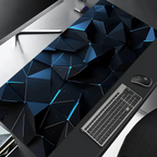 Geometric desk mat with a computer setup on a desk