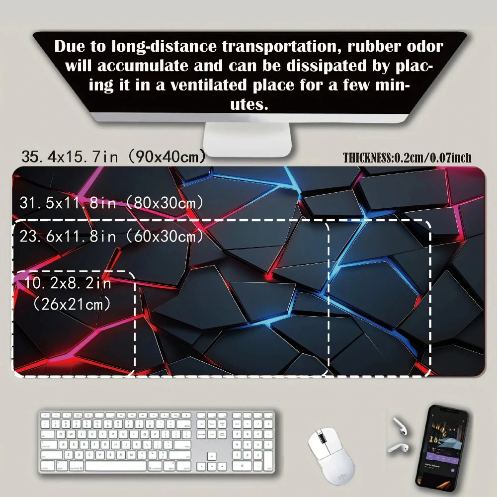 Desk setup with a large mouse pad, keyboard, mouse, and smartphone on a light gray surface.