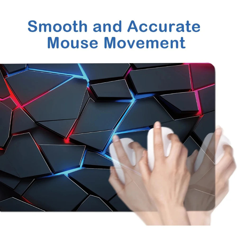 Mouse pad with geometric design and text 'Smooth and Accurate Mouse Movement' above it.