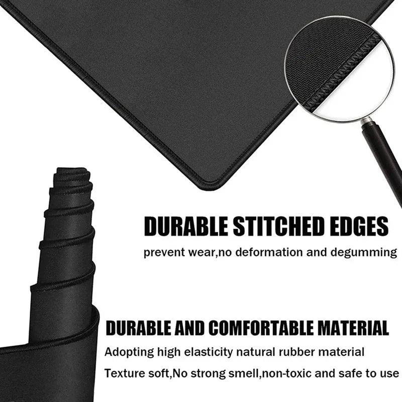 Black mat with durable stitched edges and text highlighting material properties.