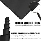 Black mat with durable stitched edges and text highlighting material properties.