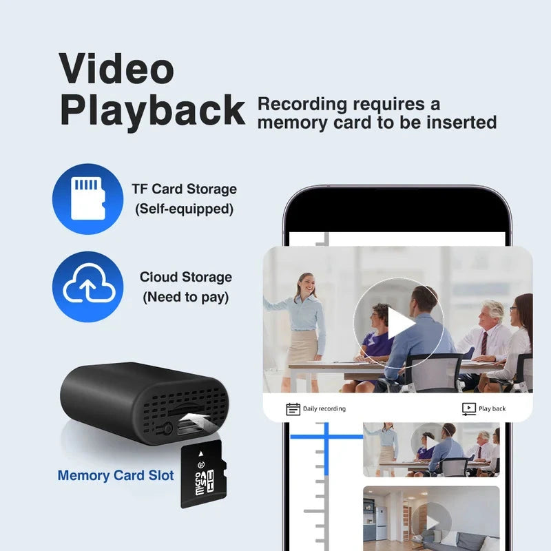 Promotional graphic for a portable black TF card memory stick and its memory card slot, showing a smartphone screen with video playback examples and text explaining TF card storage and cloud storage.