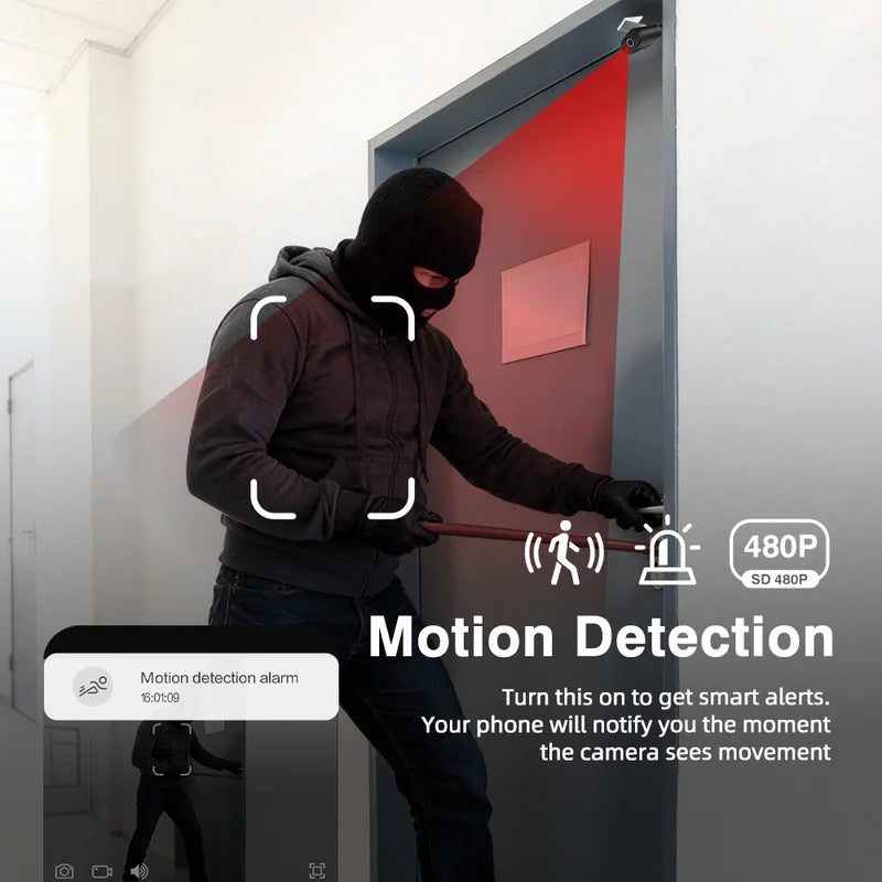 A person in a black hoodie and balaclava is shown breaking into a door with a crowbar, with red overlay graphics indicating motion detection and camera alerts. Text on the image reads 'Motion Detection' and '480P SD 480P'.