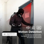 A person in a black hoodie and balaclava is shown breaking into a door with a crowbar, with red overlay graphics indicating motion detection and camera alerts. Text on the image reads 'Motion Detection' and '480P SD 480P'.