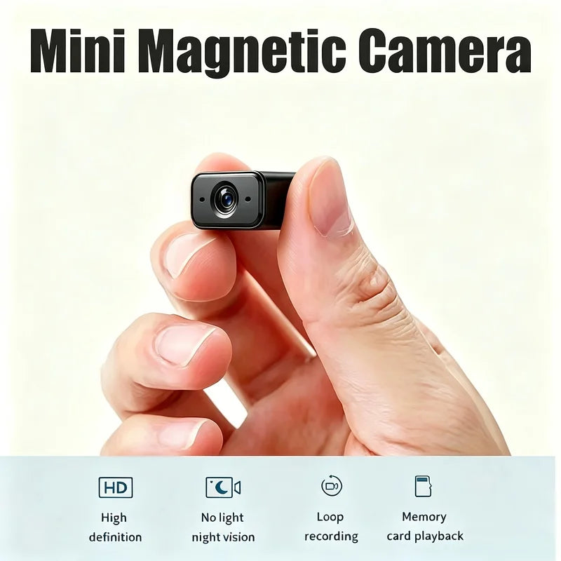 A hand holding a tiny black mini magnetic camera with a large lens, shown against a light background with text reading 'Mini Magnetic Camera' and feature icons below.