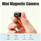 A hand holding a tiny black mini magnetic camera with a large lens, shown against a light background with text reading 'Mini Magnetic Camera' and feature icons below.