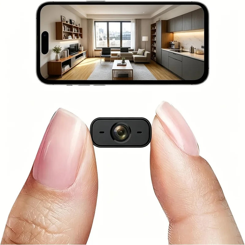 A small black rectangular camera module held between two fingers to show its tiny size, with a smartphone above displaying a living room scene that appears to be captured by the camera.