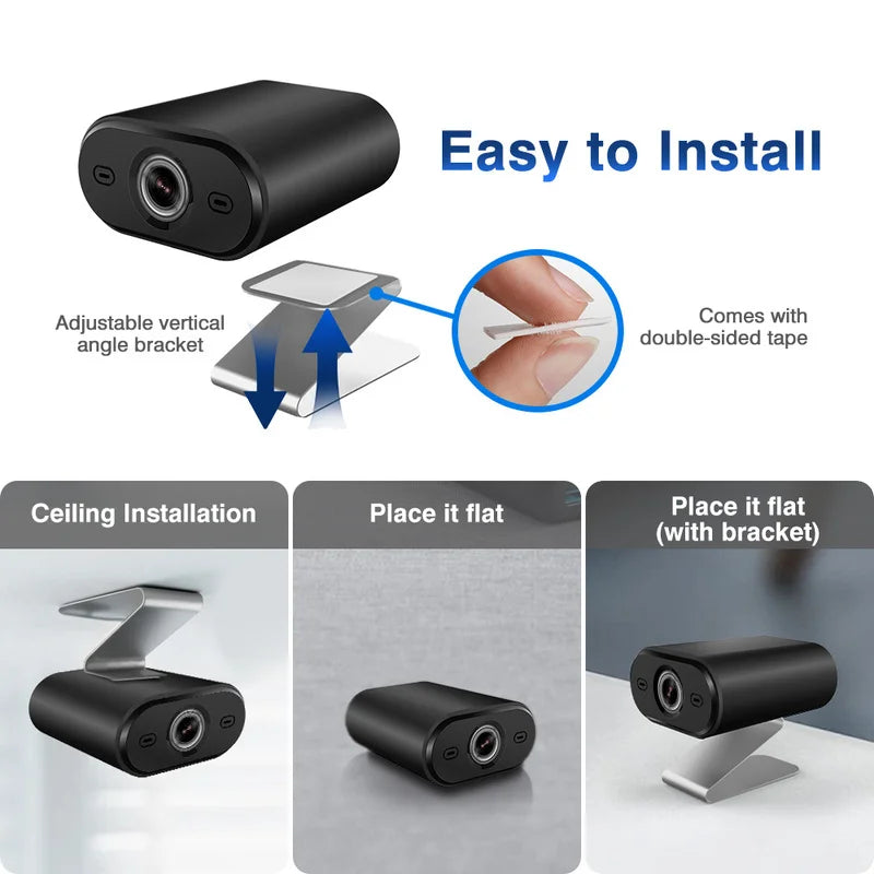 Black rectangular mounting camera with an adjustable silver bracket, shown with text and diagrams explaining easy installation, including ceiling installation, flat placement, and flat placement with the bracket.