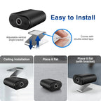 Black rectangular mounting camera with an adjustable silver bracket, shown with text and diagrams explaining easy installation, including ceiling installation, flat placement, and flat placement with the bracket.