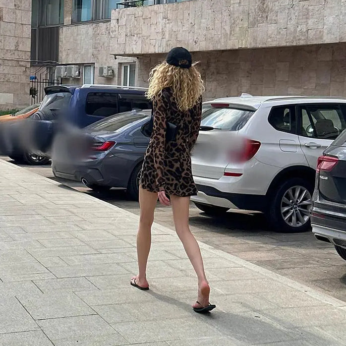 Leopard Print Mini Dress O Neck Long Sleeve Cocktail Party Top Women's