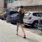 Leopard Print Mini Dress O Neck Long Sleeve Cocktail Party Top Women's