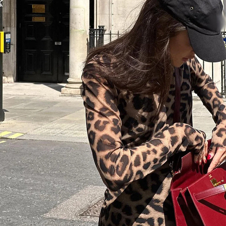 Leopard Print Mini Dress O Neck Long Sleeve Cocktail Party Top Women's
