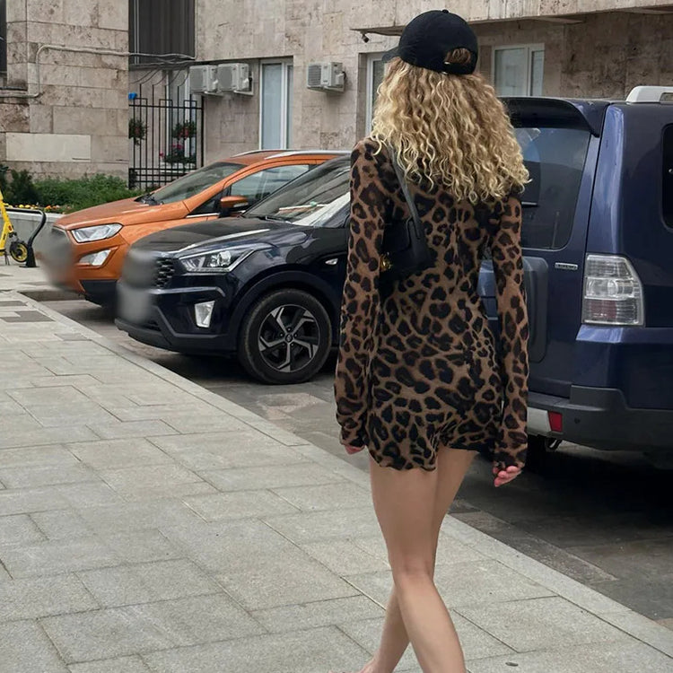 Leopard Print Mini Dress O-Neck Long-Sleeve Party Top Women's
