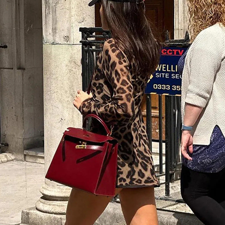 Leopard Print Mini Dress O Neck Long Sleeve Cocktail Party Top Women's