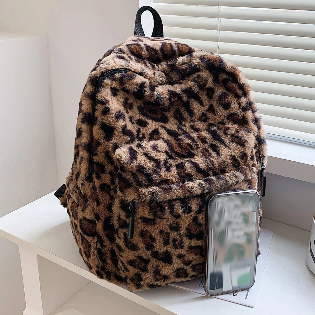 Leopard Plush Women's Backpack Large Capacity