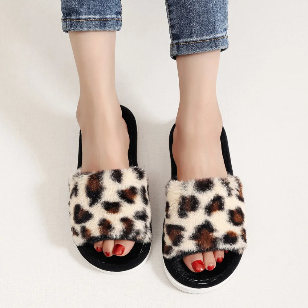 Women's Fluffy Leopard Slippers Indoor Classic Slip Ons Flats