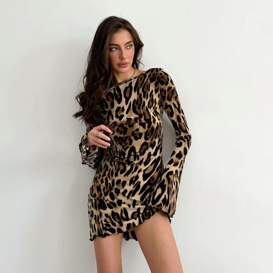 Leopard Print Mini Dress O-Neck Long-Sleeve Cocktail Party Top Women's