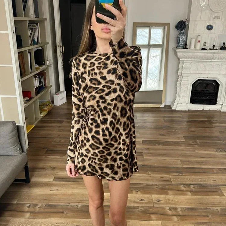 Leopard Print Mini Dress O Neck Long Sleeve Cocktail Party Top Women's