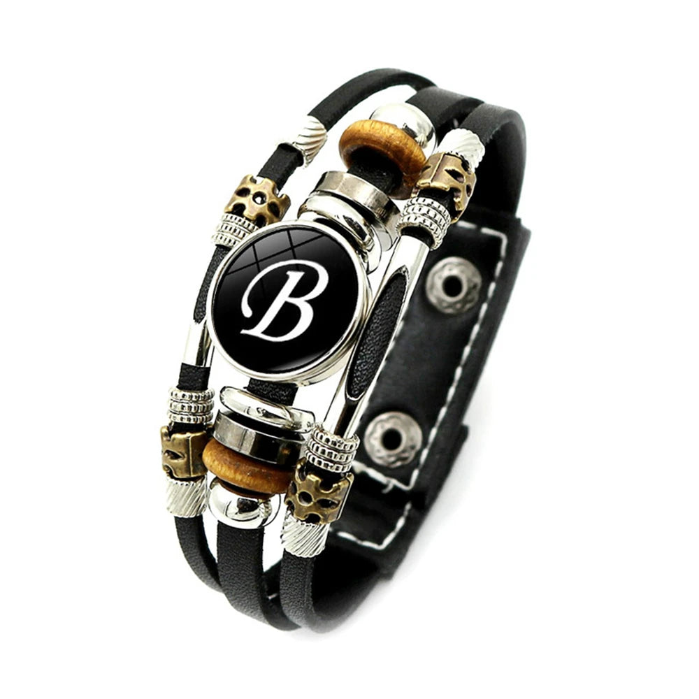 A-Z Name Letter Charm Braided Multilayer Punk Leather Bracelet