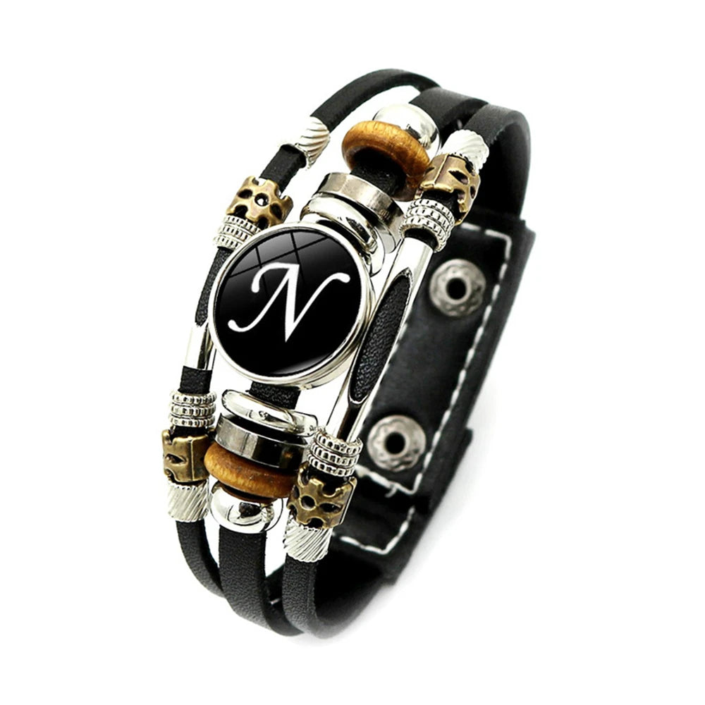 A-Z Name Letter Charm Braided Multilayer Punk Leather Bracelet