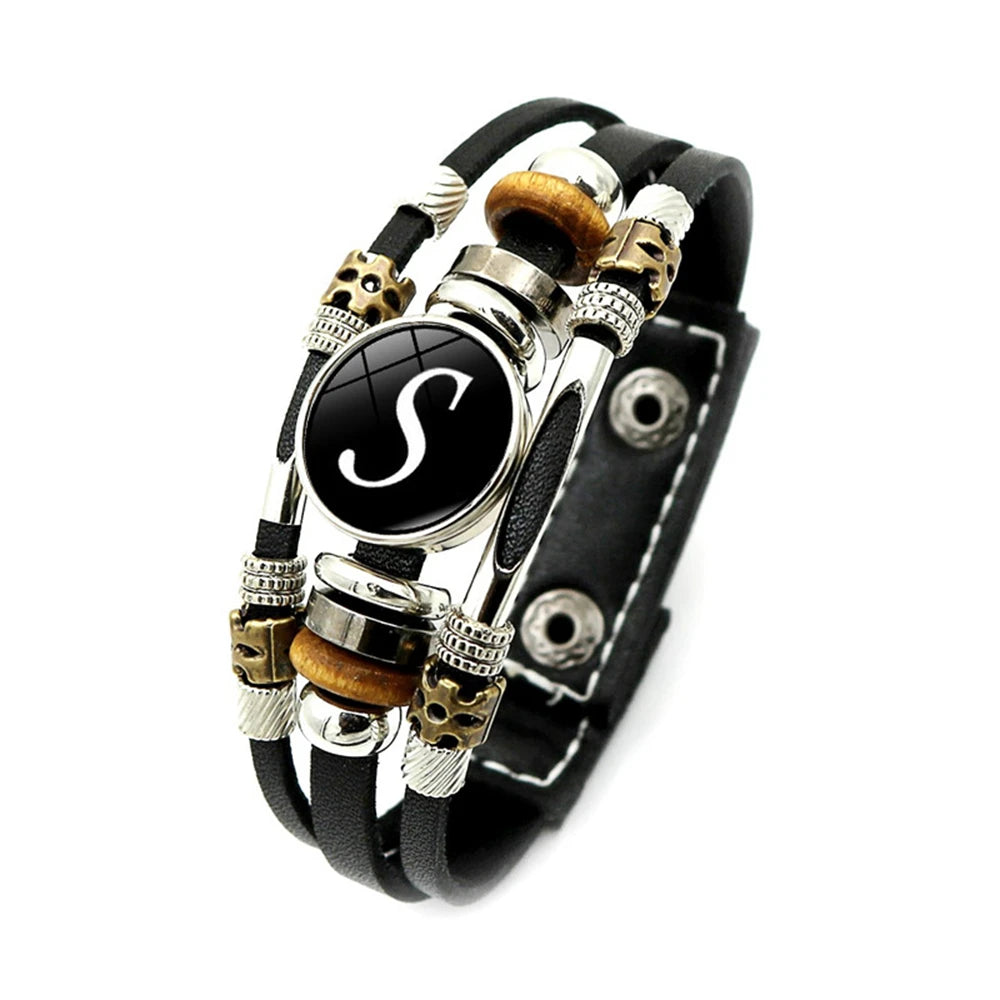 A-Z Name Letter Charm Braided Multilayer Punk Leather Bracelet