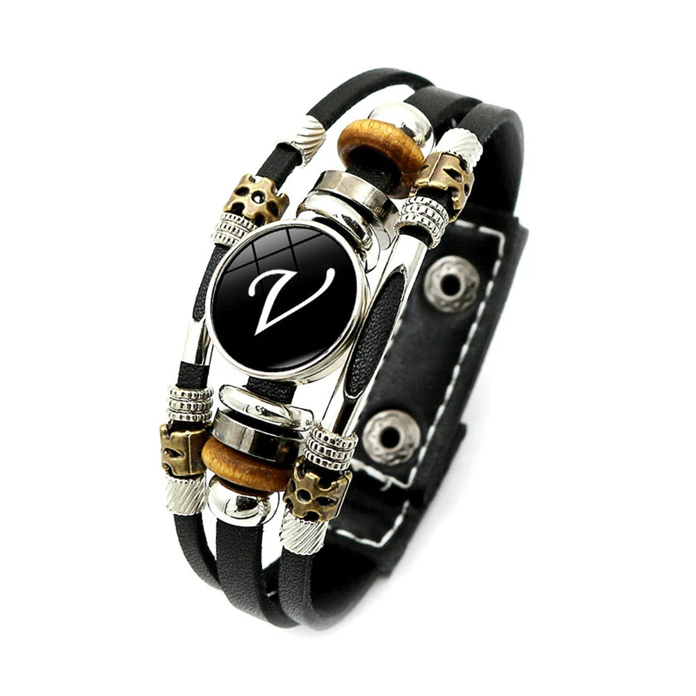 Name Initial Charm Braided Letter Leather Bracelet