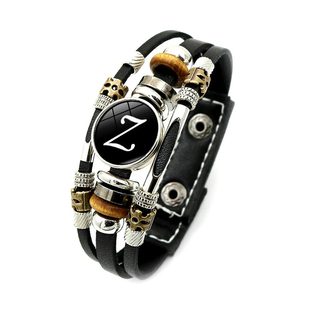 A-Z Name Letter Charm Braided Multilayer Punk Leather Bracelet