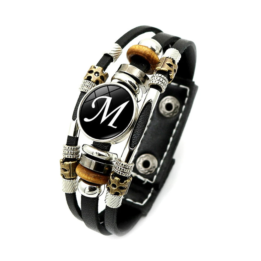 Name Initial Charm Braided Letter Leather Bracelet