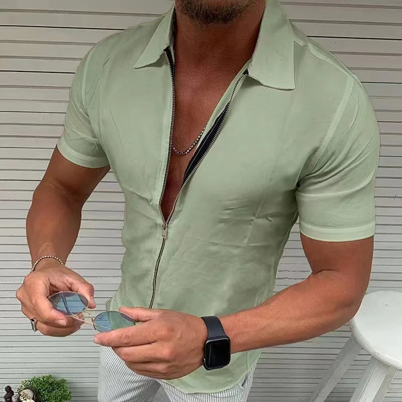 Men's Lightweight Zipper Short Sleeve Shirt Slim Fit