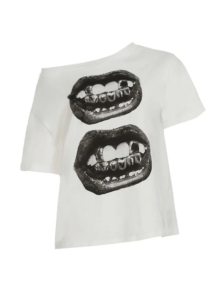 Big Lips Hip Hop Grillz Teeth Design Baggy T-shirt Women's