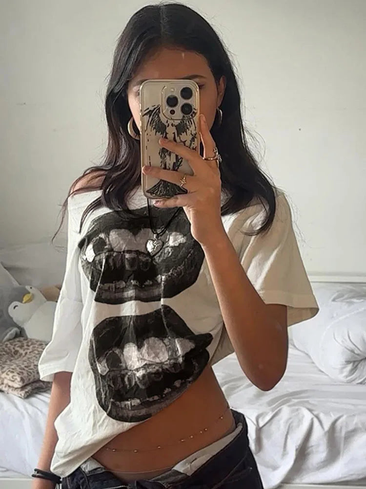 Big Lips Hip Hop Grillz Teeth Design Baggy T-shirt Women's