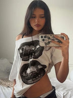 Big Lips Hip Hop Grillz Teeth Design Baggy T-shirt Women's