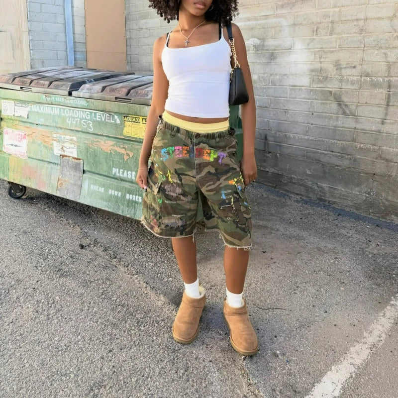 Camo Cargo Baggy Shorts Graffiti Patched Unisex