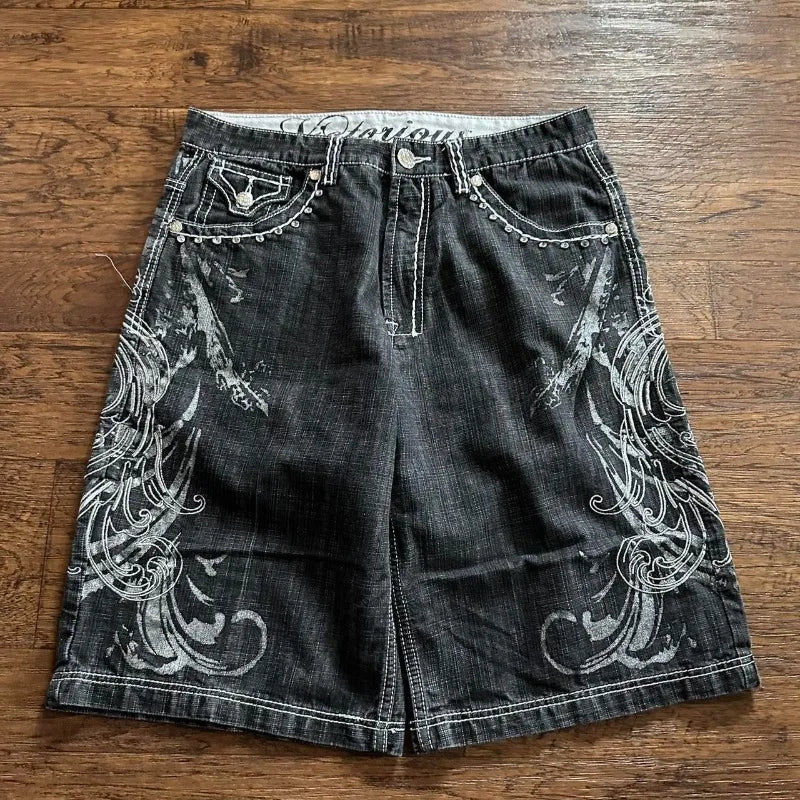 Cross Embroidered Baggy Denim Shorts