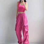 Loose Fit Cargo Baggy Pants With Cuffs Women's