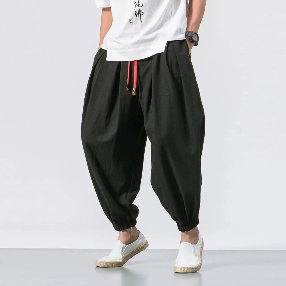 Person wearing black harem pants with a white shirt on a light gray background