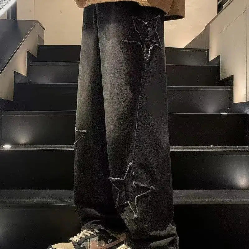 Loose Straight Leg Baggy Jeans With Star Patches High Streetwear