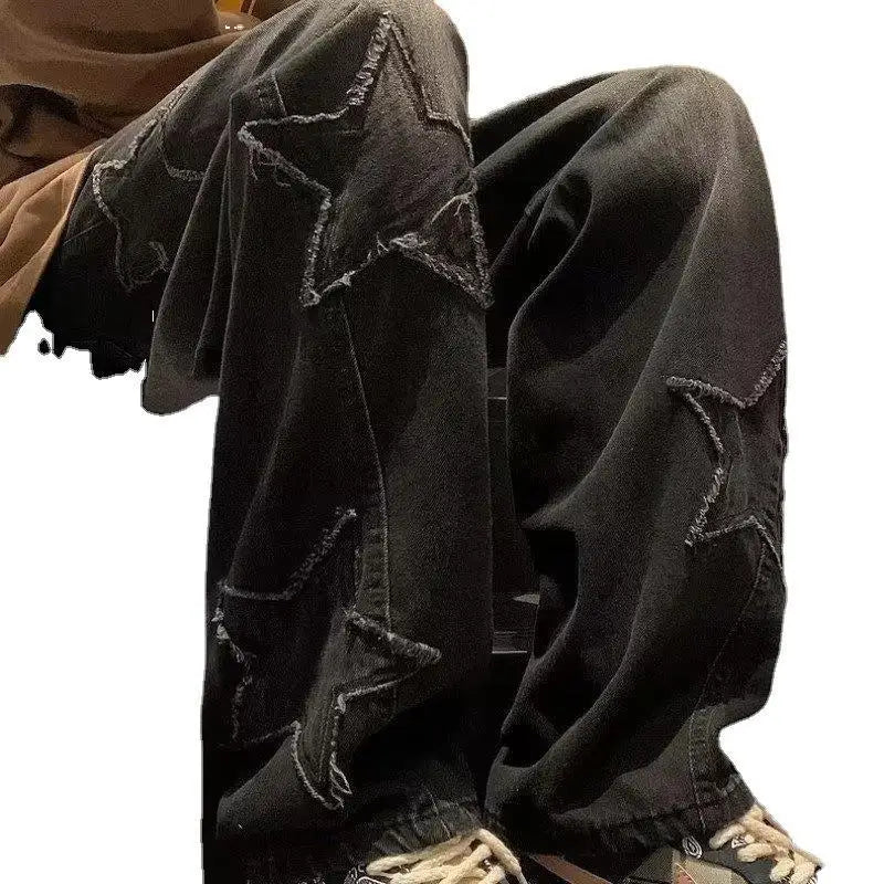Loose Straight Leg Baggy Jeans With Star Patches High Streetwear