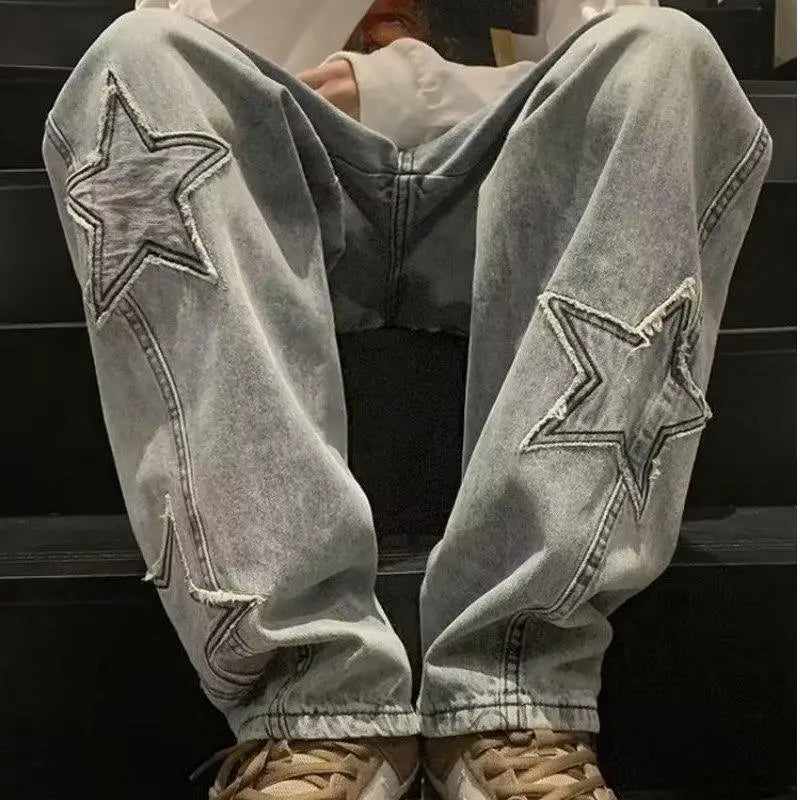 Loose Straight Leg Baggy Jeans With Star Patches High Streetwear